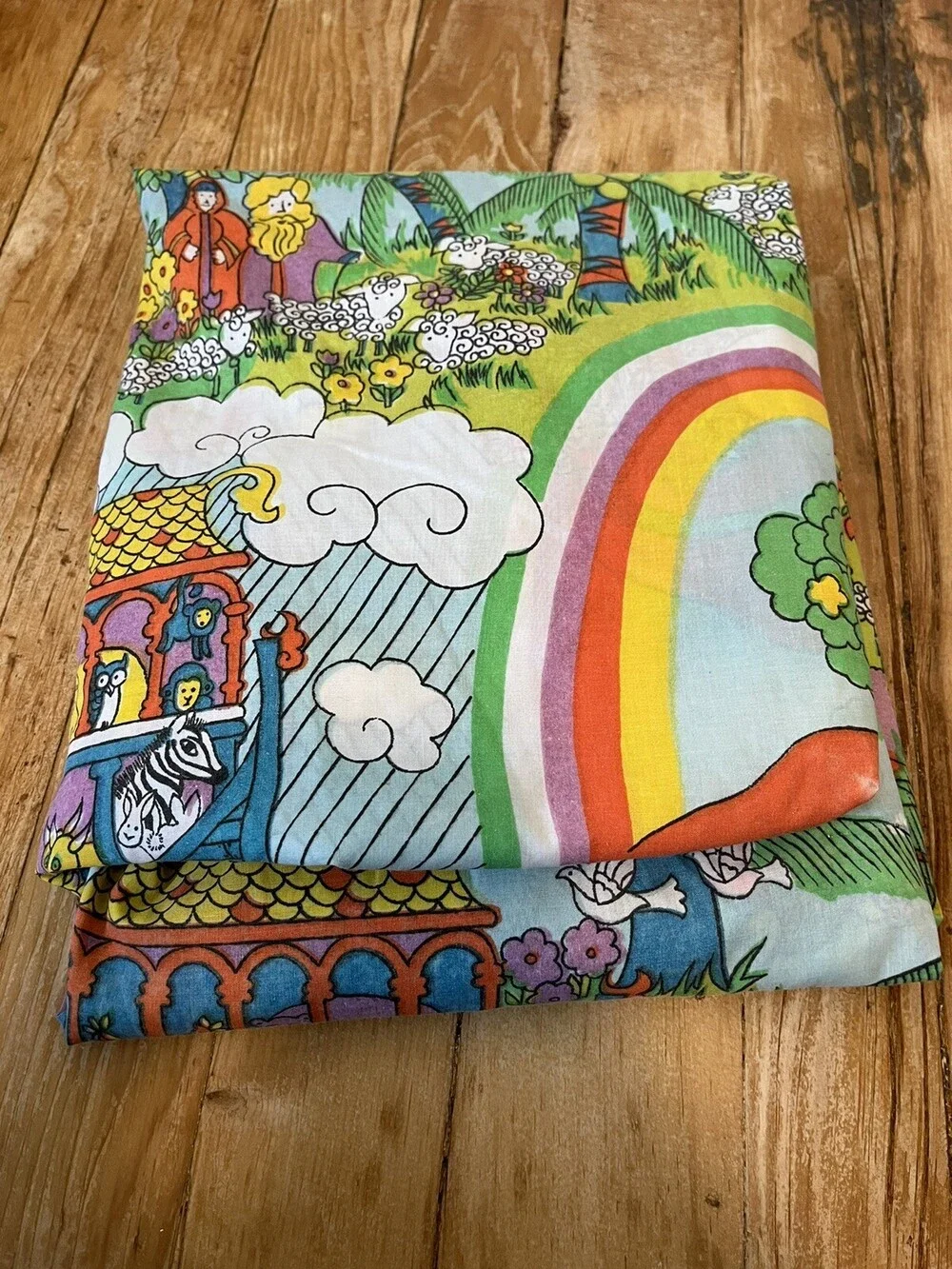 VTG Groovy Noah Ark Vintage Twin Fitted Bed Sheet Mod Psychedelic Colorful Sears